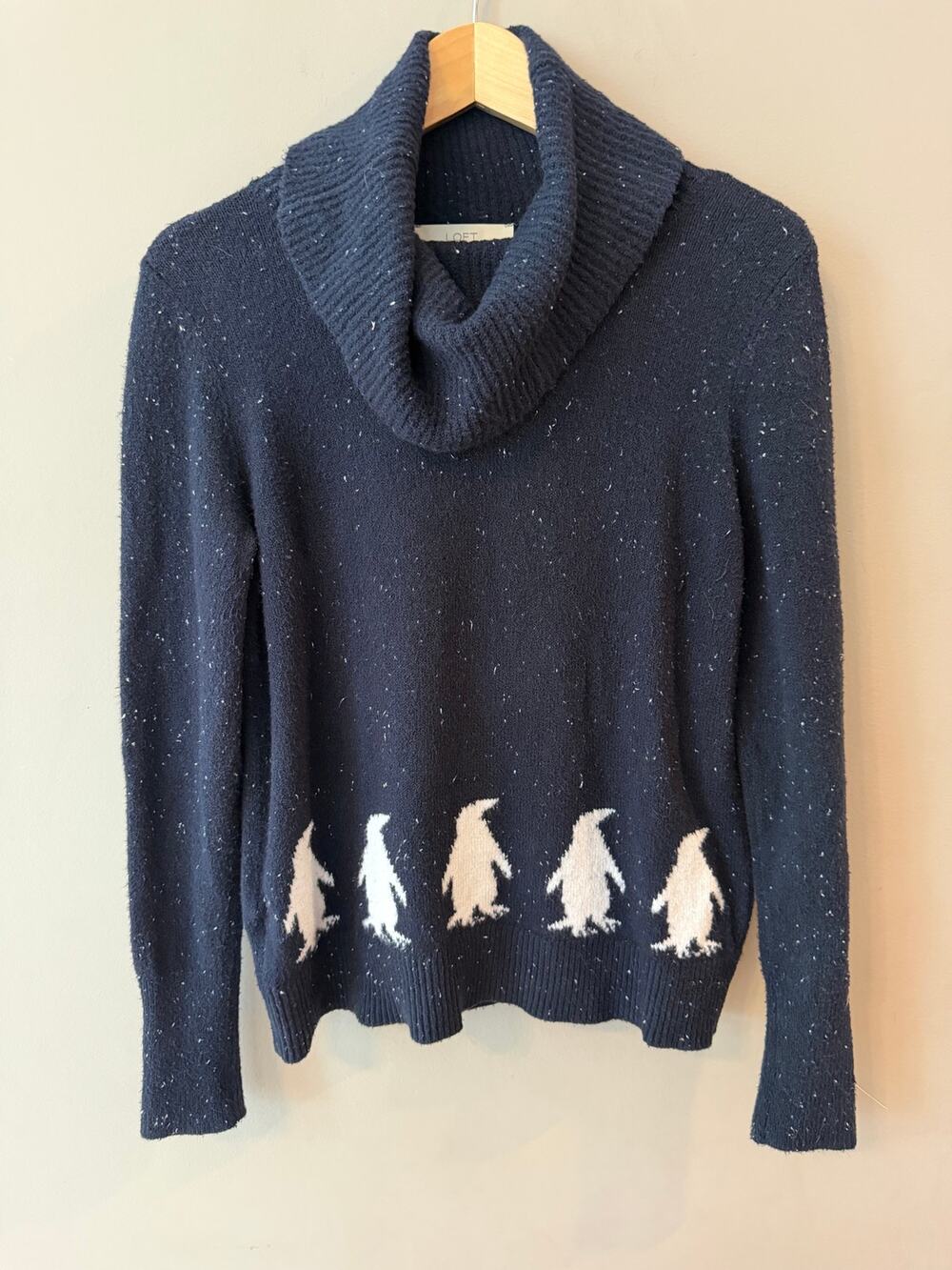 LOFT Navy Blue Speckled Cowl Neck Sweater with Penguin Hem Detail – Size M